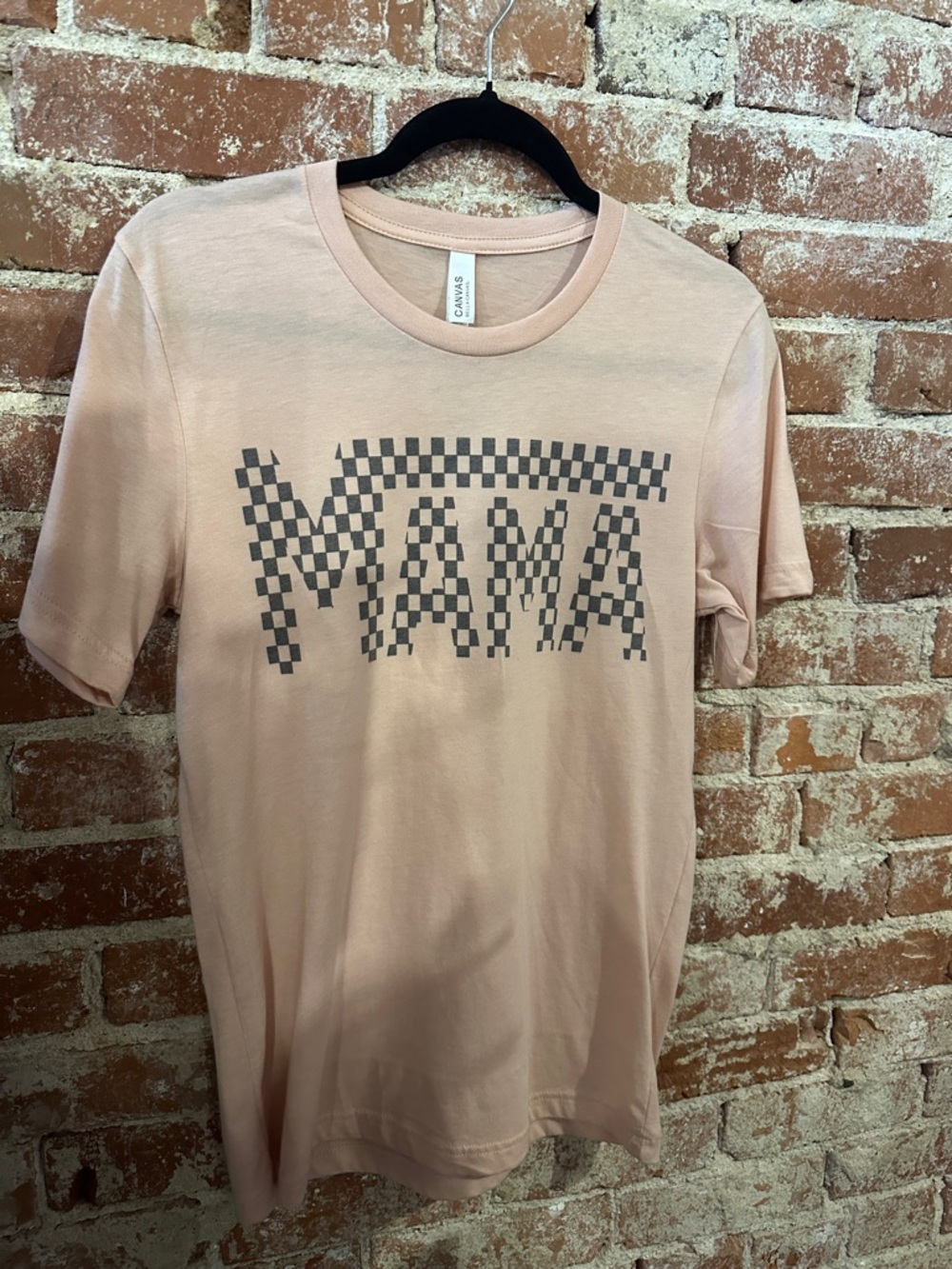 Bella Canvas Peach Tee with Gray Checker MAMA Graphic